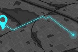 City Map With A Dark Theme Showing Navigation Route. Vector Map Features Streets And Blocks With Highlighted Path