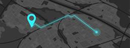 City Map With A Dark Theme Showing Navigation Route. Vector Map Features Streets And Blocks With Highlighted Path